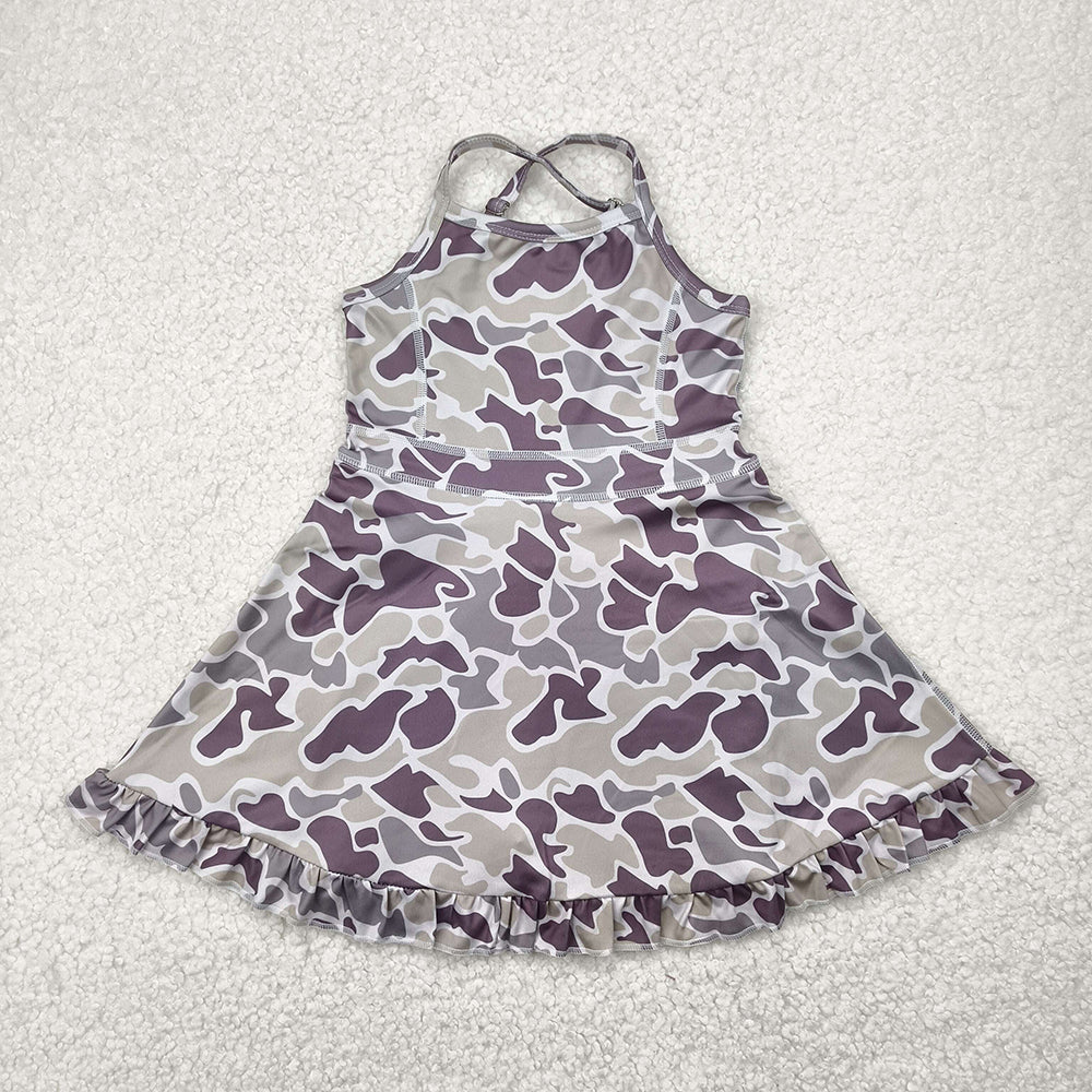 Baby Girls Strap Purple Camo Yoga Ruffle Knee Length Dresses
