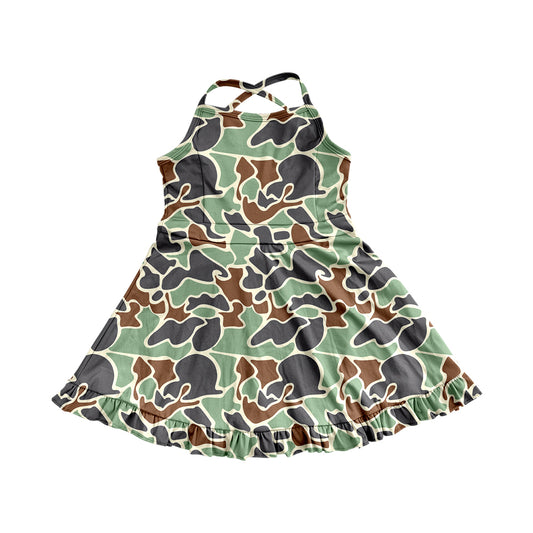 Preorder moq 5 Baby Girls Strap Green Camo Yoga Ruffle Knee Length Dresses