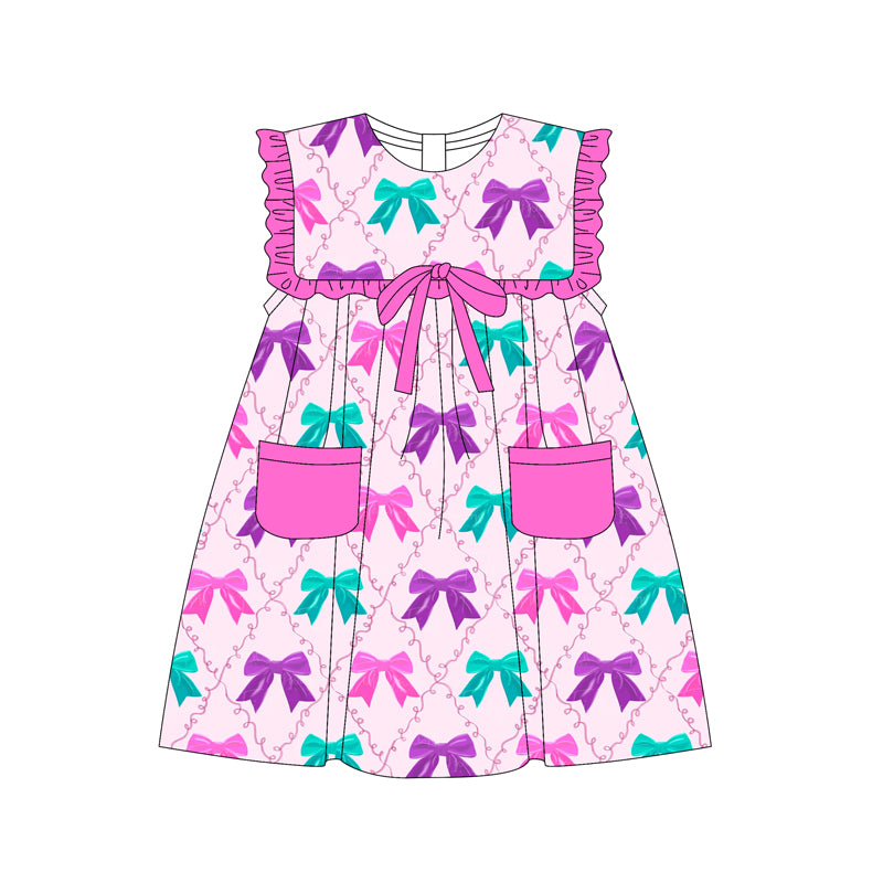 Baby Girls Colorful Bows Pockets Knee Length Dresses Preorder