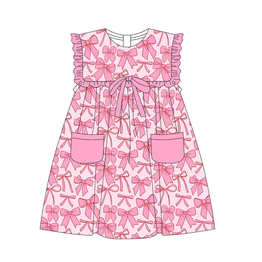 Baby Girls Pink Bows Pockets Knee Length Dresses Preorder
