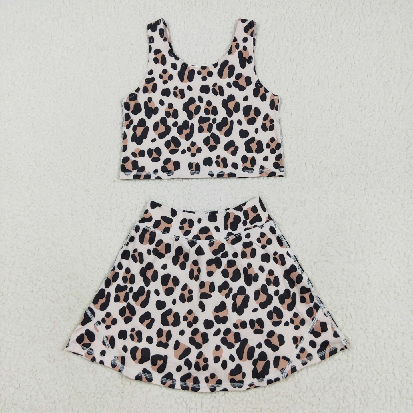 Sibling Baby Girls Brown Leopard Shorts Yoga Active Knee Length Dresses Set
