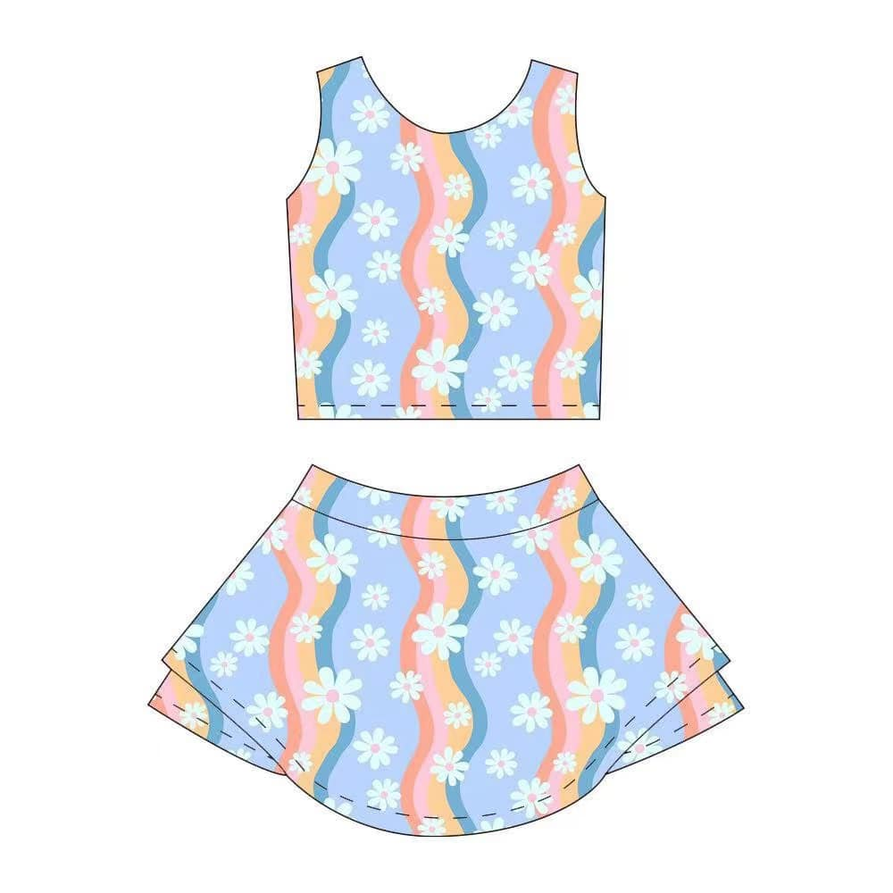 Baby Girls Sleeveless Floral Colorful Stripe Top Skort Yoga Set Preorder