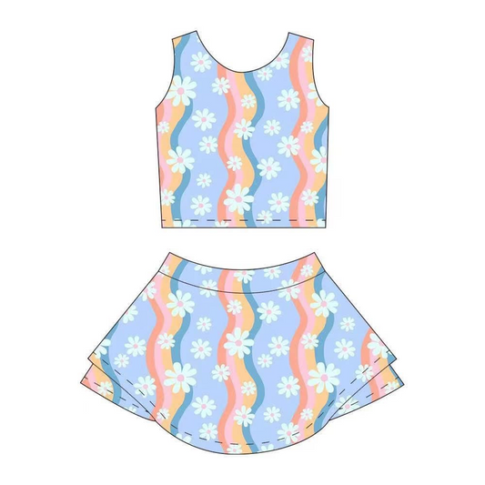 Baby Girls Sleeveless Floral Colorful Stripe Top Skort Yoga Set Preorder
