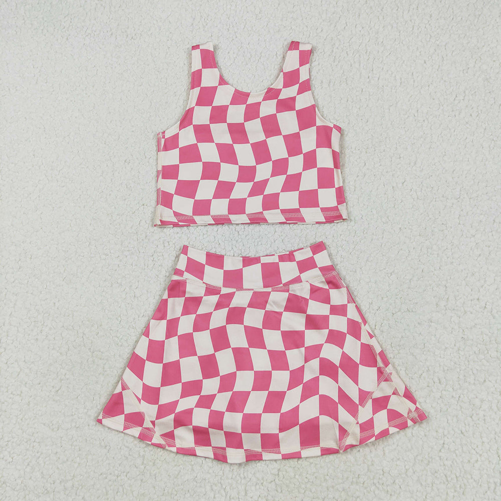 12-18M-8-9T Baby Girls Sleeveless Pink Plaid Top Skort Yoga Sets