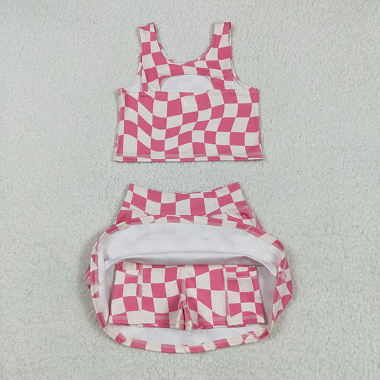 12-18M-8-9T Baby Girls Sleeveless Pink Plaid Top Skort Yoga Sets