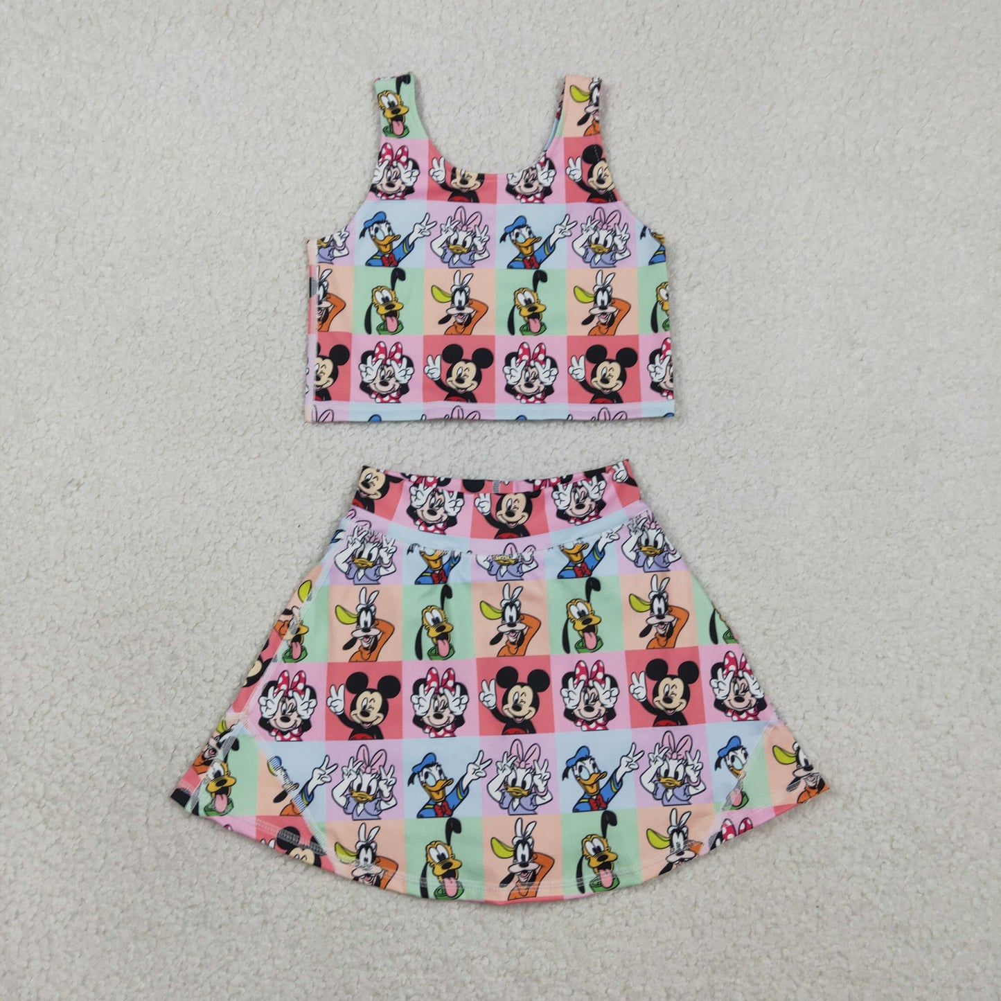 Baby Girls Sleeveless Cartoon Mouse Ducks Plaid Top Skort Yoga Sets
