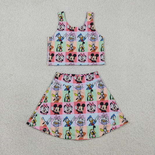 Baby Girls Sleeveless Cartoon Mouse Ducks Plaid Top Skort Yoga Sets