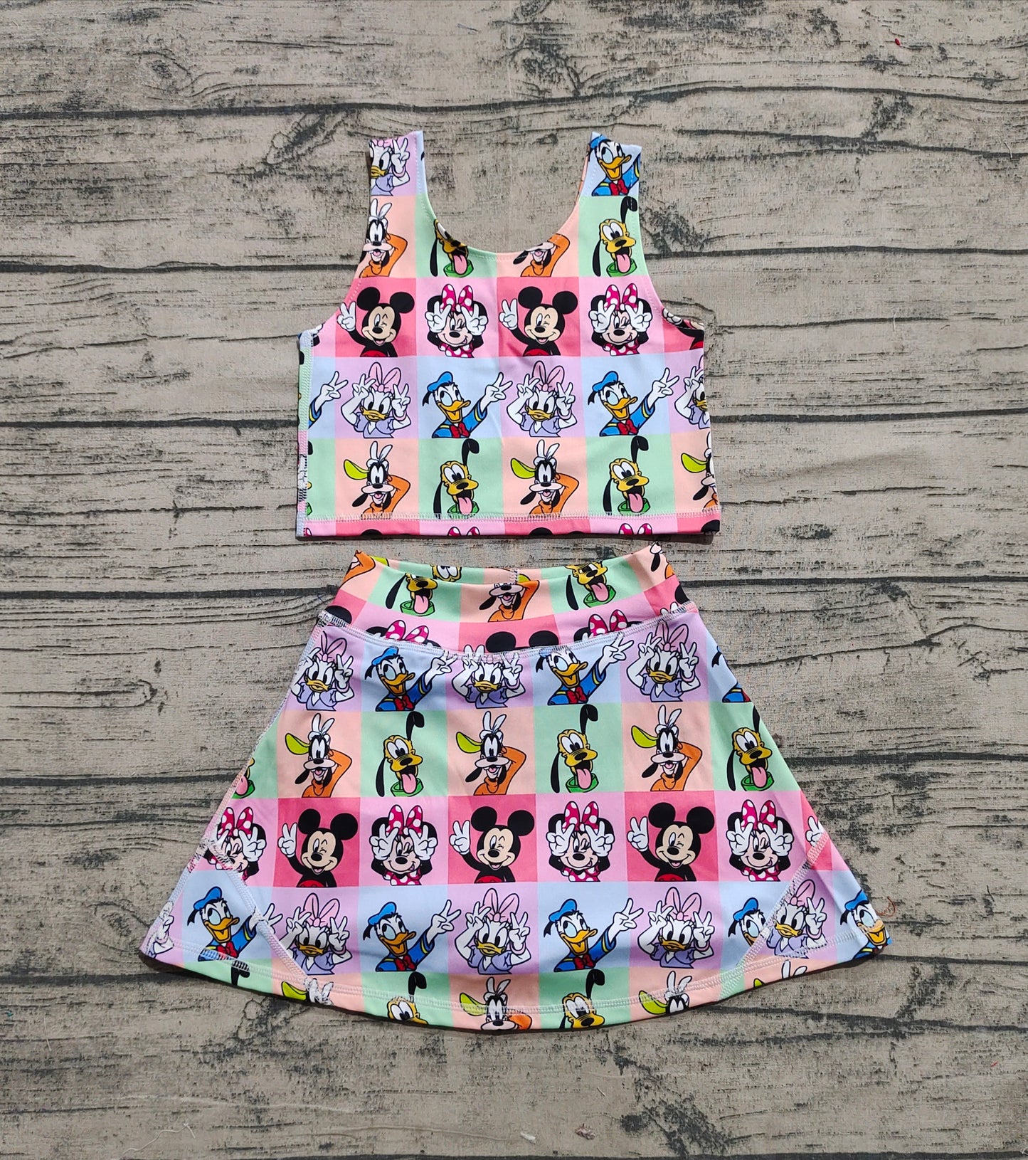 Baby Girls Sleeveless Cartoon Mouse Ducks Plaid Top Skort Yoga Sets