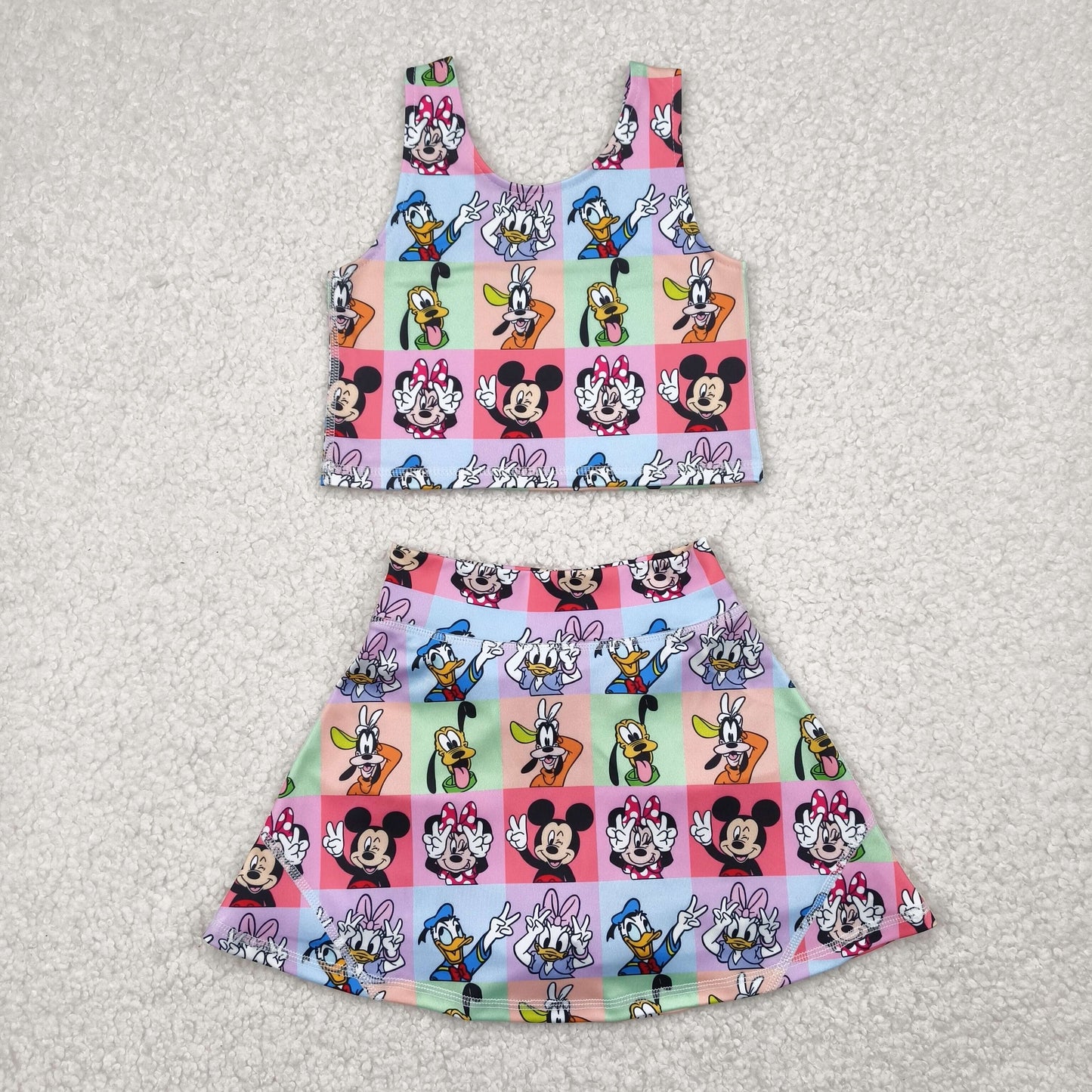 Baby Girls Sleeveless Cartoon Mouse Ducks Plaid Top Skort Yoga Sets
