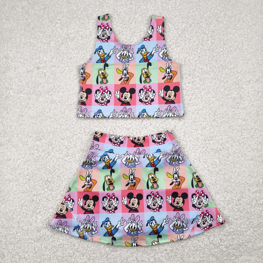 Baby Girls Sleeveless Cartoon Mouse Ducks Plaid Top Skort Yoga Sets