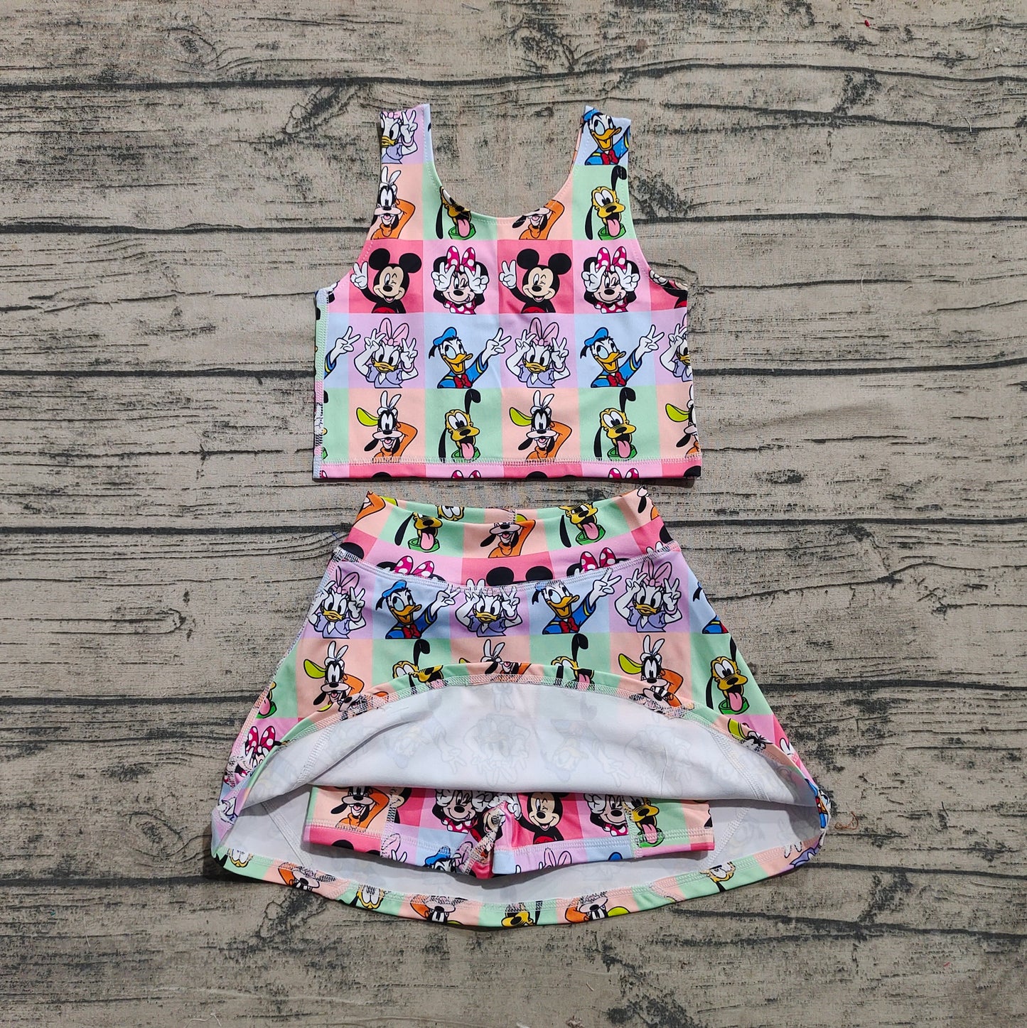 Baby Girls Sleeveless Cartoon Mouse Ducks Plaid Top Skort Yoga Sets