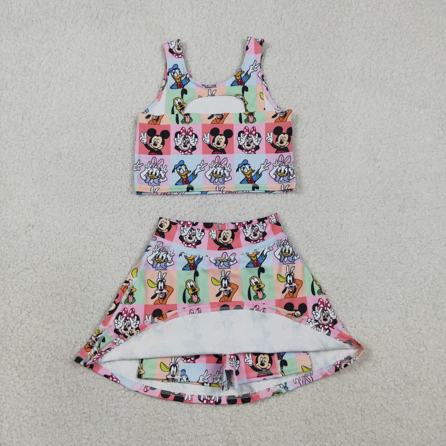 Baby Girls Sleeveless Cartoon Mouse Ducks Plaid Top Skort Yoga Sets