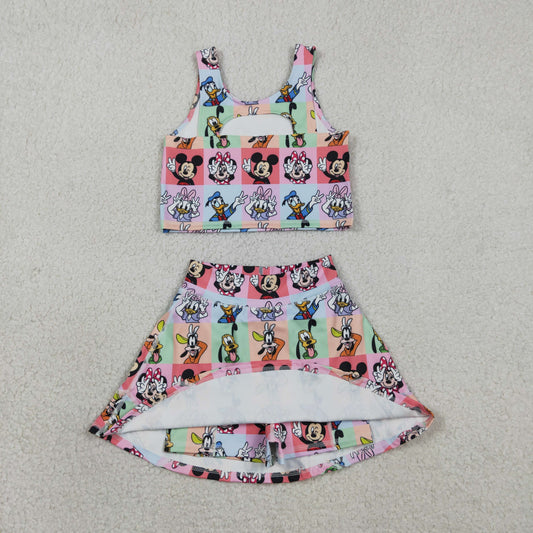 Baby Girls Sleeveless Cartoon Mouse Ducks Plaid Top Skort Yoga Sets
