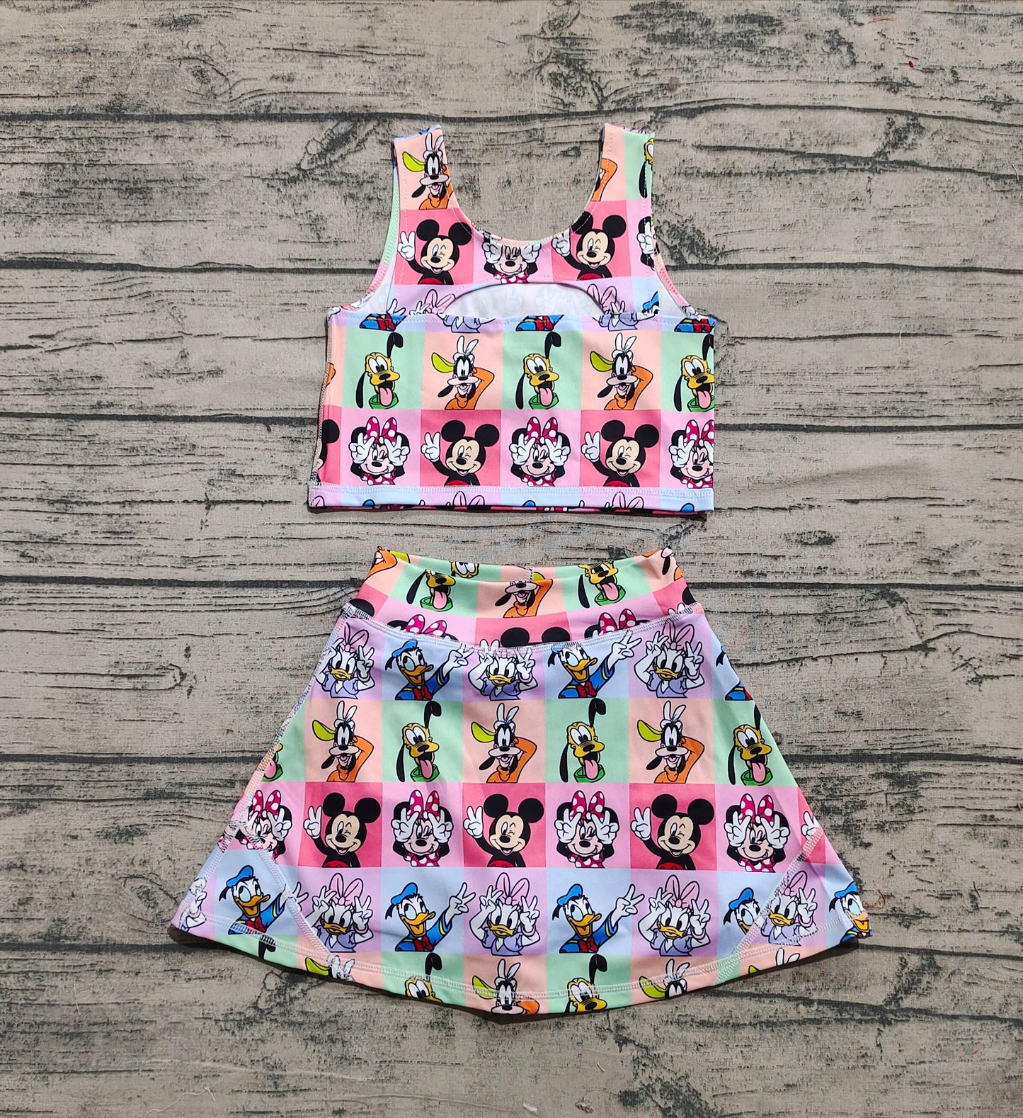 Baby Girls Sleeveless Cartoon Mouse Ducks Plaid Top Skort Yoga Sets