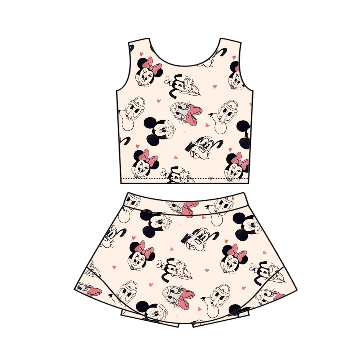 Preorder moq 5 Baby Girls Sleeveless Cartoon Mouse Ducks Hearts Top Skort Yoga Set