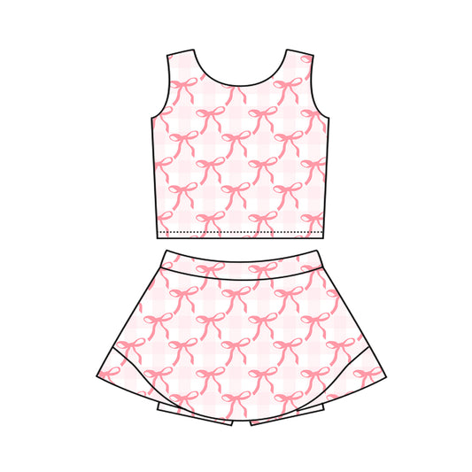Baby Girls Sleeveless Pink Plaid Bows Top Skort Yoga Set Preorder