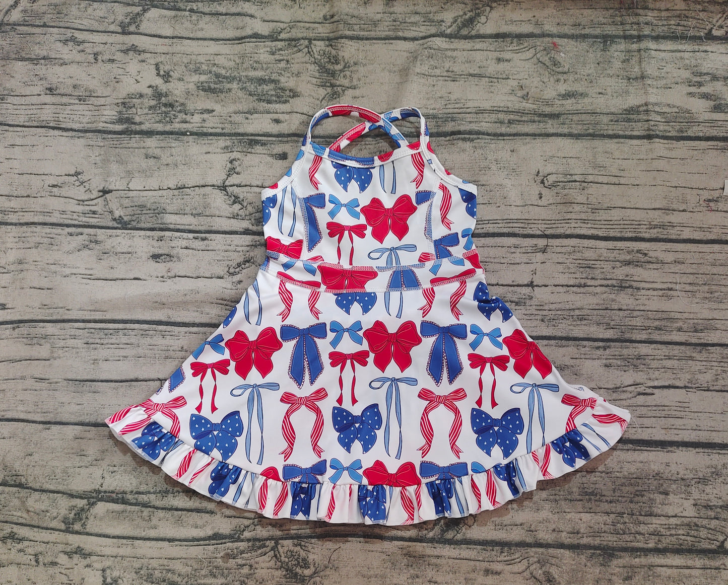 Baby Girls Strap Blue Red Bows 4th Of July Yoga Active Knee Length Dresses