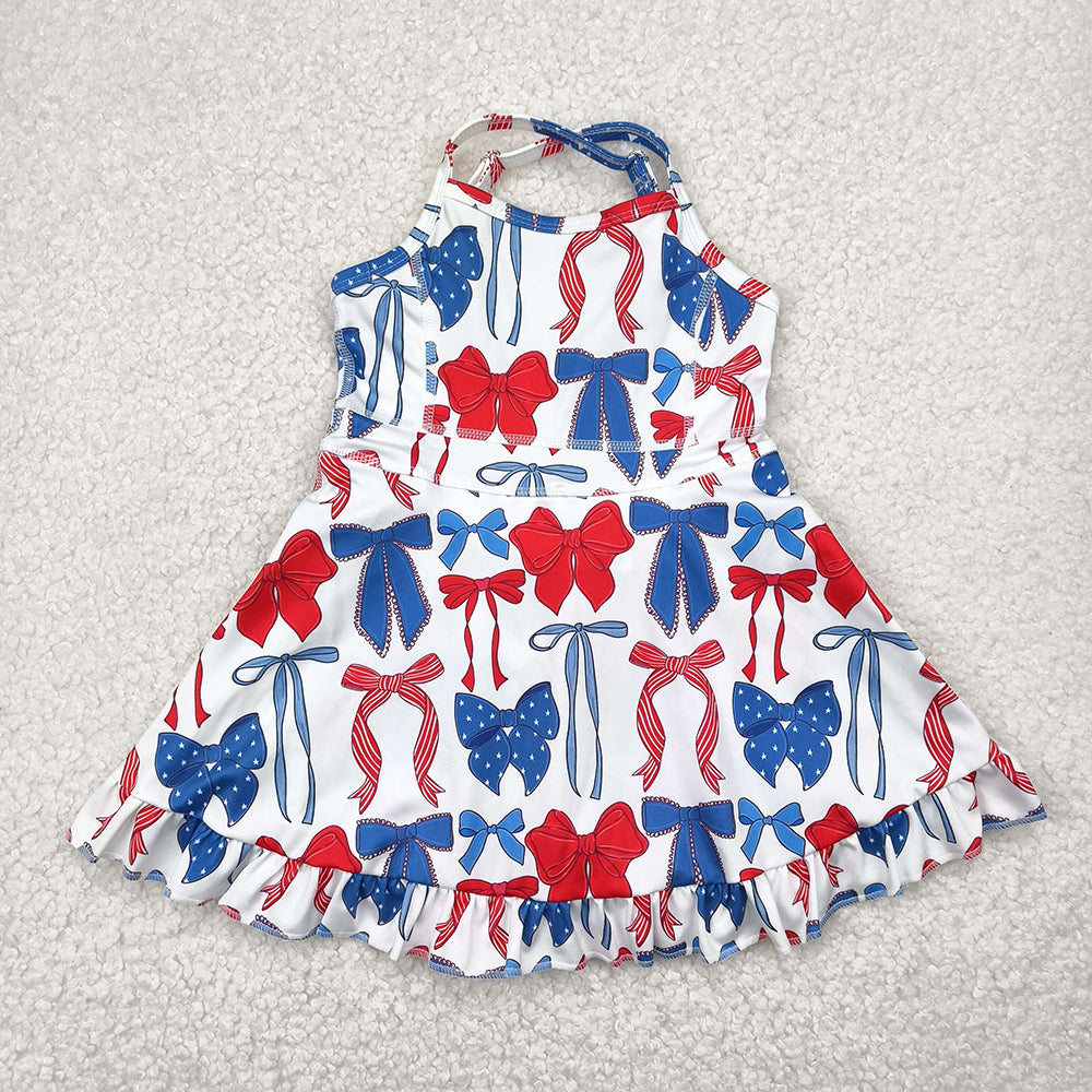 Baby Girls Strap Blue Red Bows 4th Of July Yoga Active Knee Length Dresses