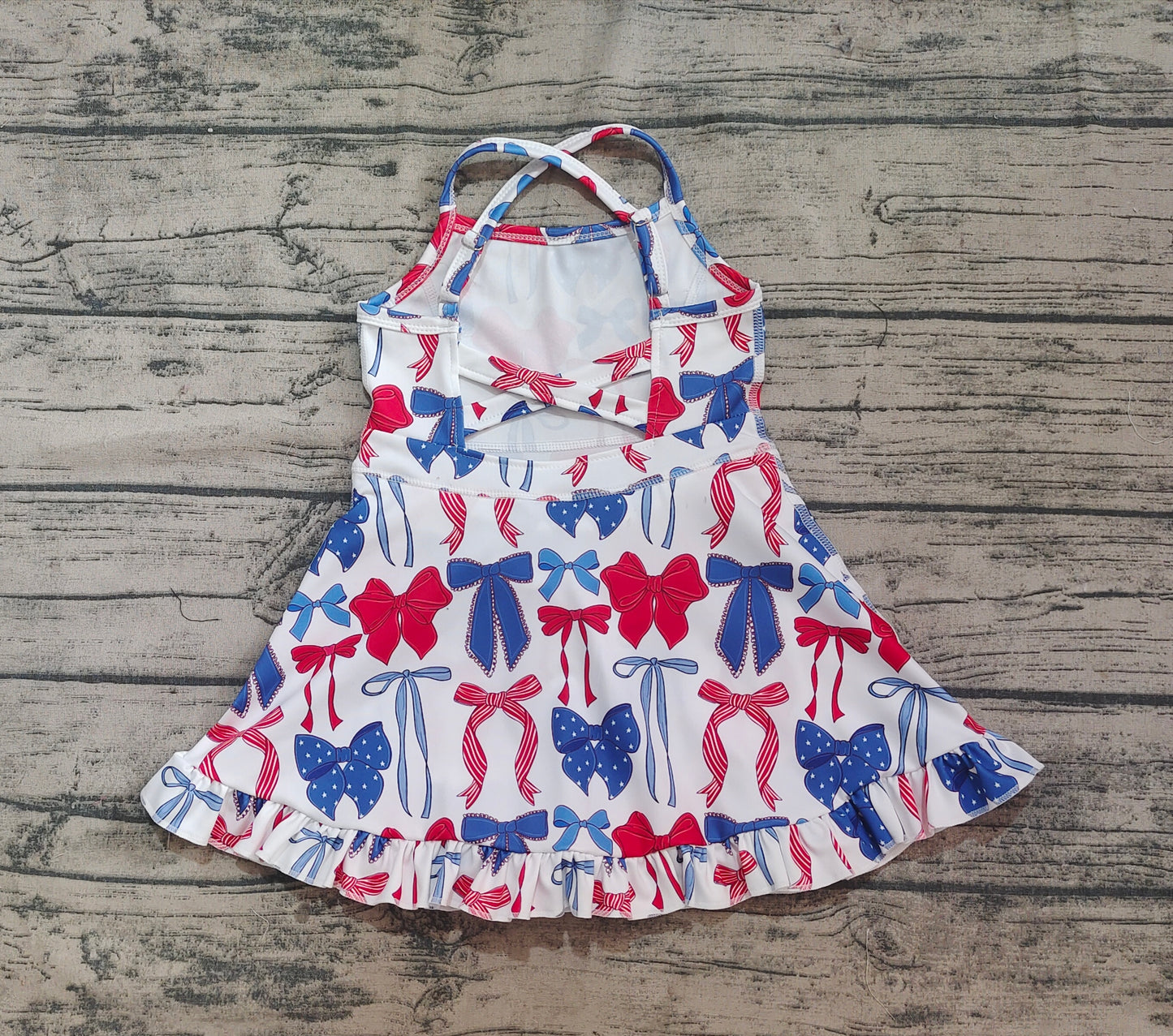 Baby Girls Strap Blue Red Bows 4th Of July Yoga Active Knee Length Dresses