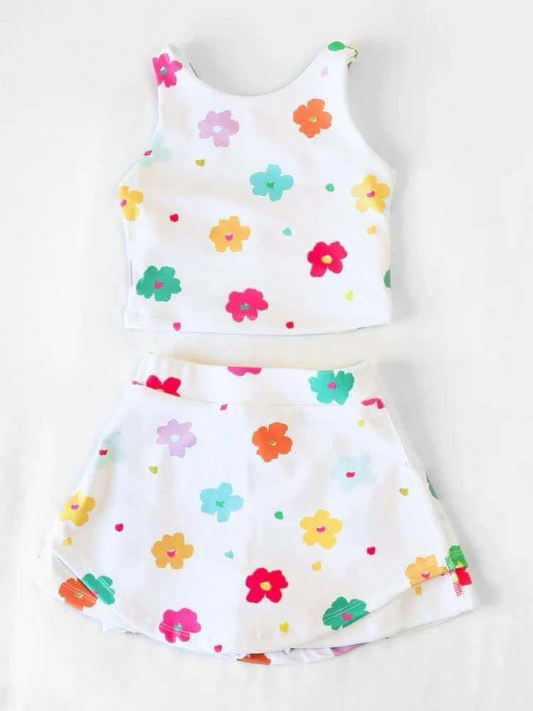 Preorder moq 5 Baby Girls Sleeveless Colorful Flowers Top Skort Yoga Set