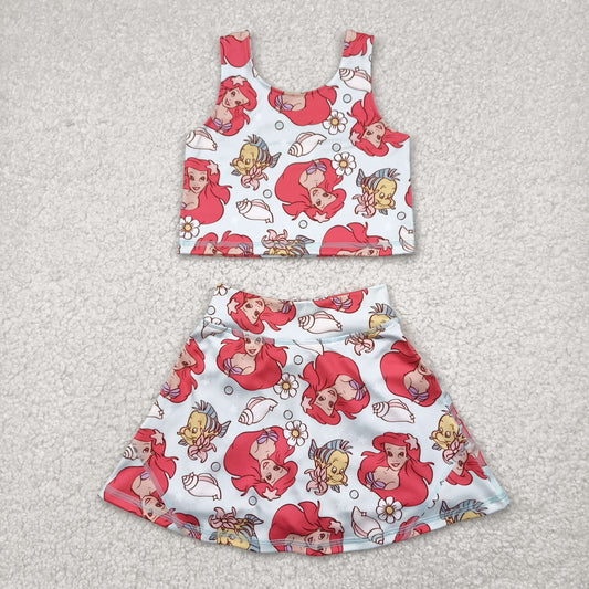 Baby Girls Sleeveless Cartoon Mermaid Fishes Top Skort Yoga Sets