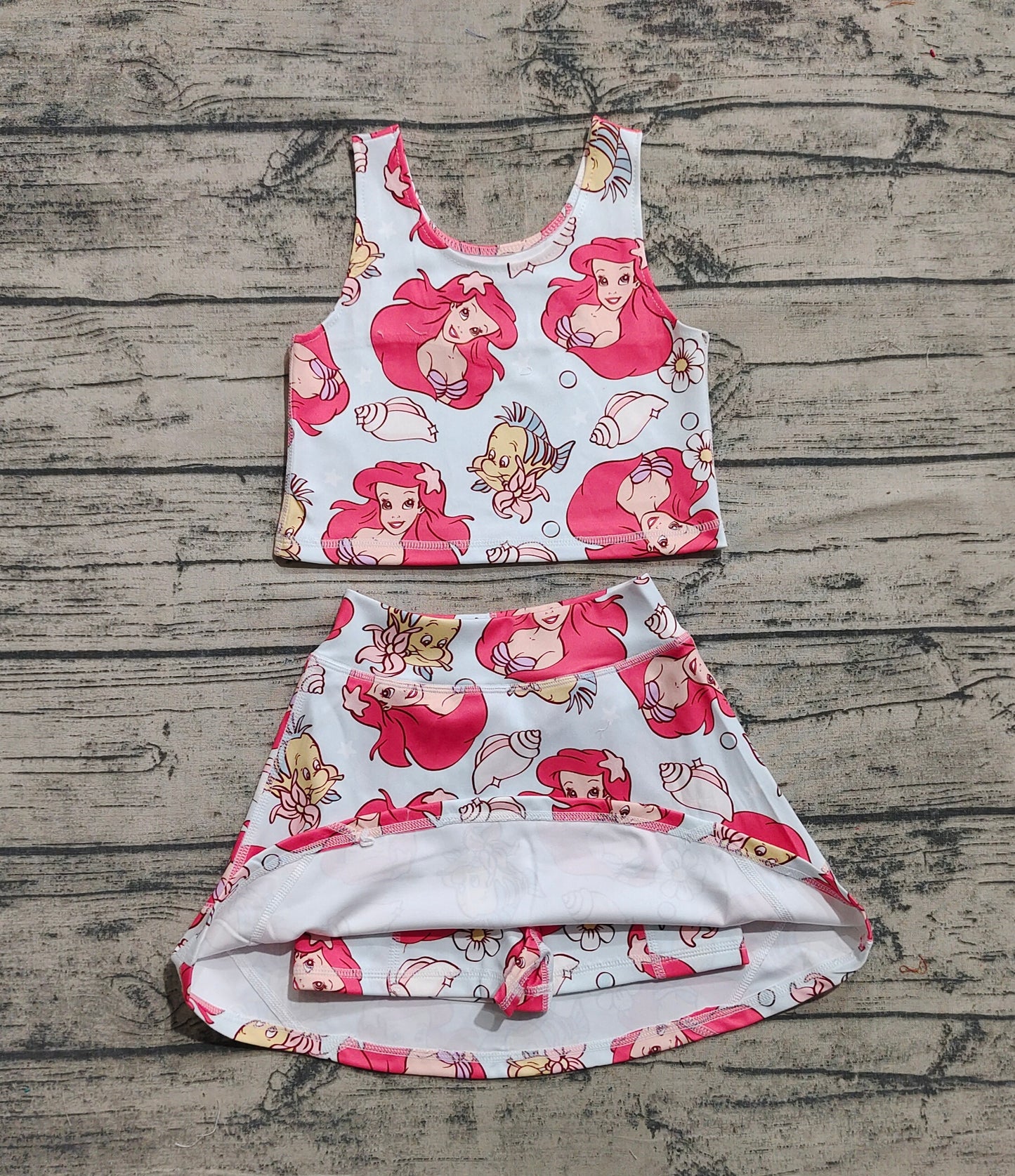 Baby Girls Sleeveless Cartoon Mermaid Fishes Top Skort Yoga Sets