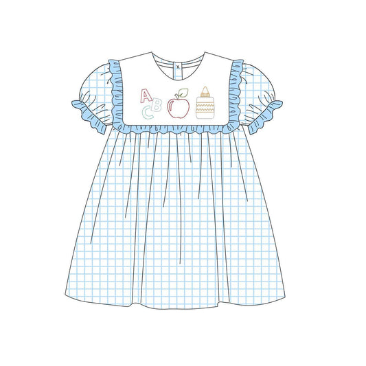 Baby Girls Apple Pencil Blue Plaid Knee Length Dresses Preorder