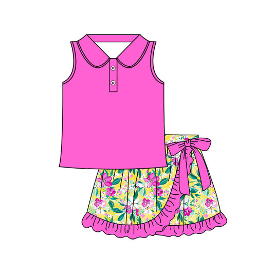 Preorder moq 5 Baby Girls Hot Pink Sleeveless Button Top Floral Ruffle Skirts Sets