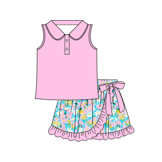 Baby Girls Pink Sleeveless Button Top Floral Ruffle Skirts Sets Preorder