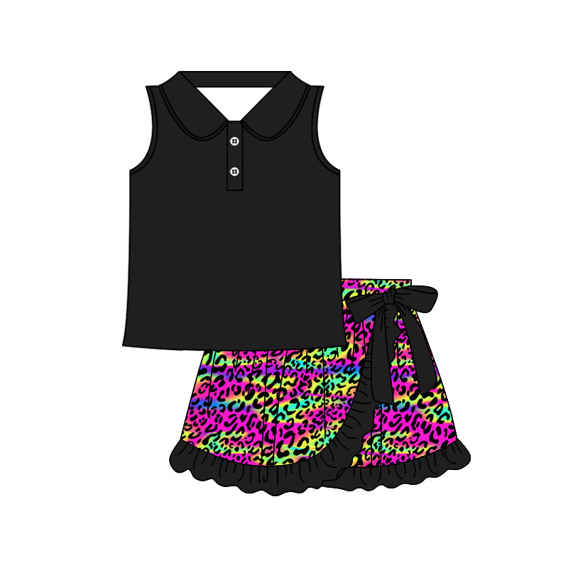 Preorder moq 5 Baby Girls Black Sleeveless Button Top Colorful Leopard Ruffle Skirts Sets