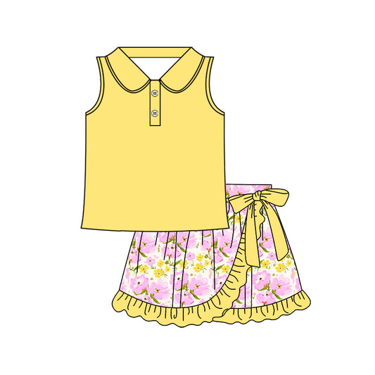 Baby Girls Yellow Sleeveless Button Top Floral Ruffle Skirts Sets Preorder