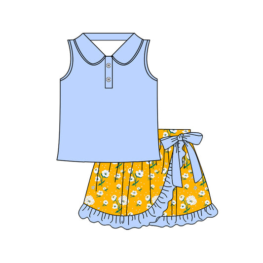 Baby Girls Blue Sleeveless Button Top Floral Ruffle Skirts Sets Preorder