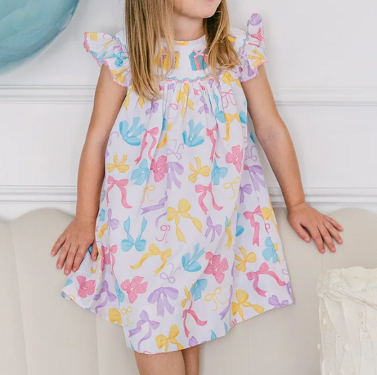 Baby Girls Flutter Sleeves Colorful Bows Knee Length Dresses Preorder