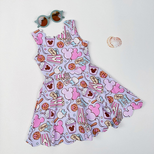 Preorder moq 5 Baby Girls Lavender Sleeveless Cartoon Mouses Chip Knee Length Dresses