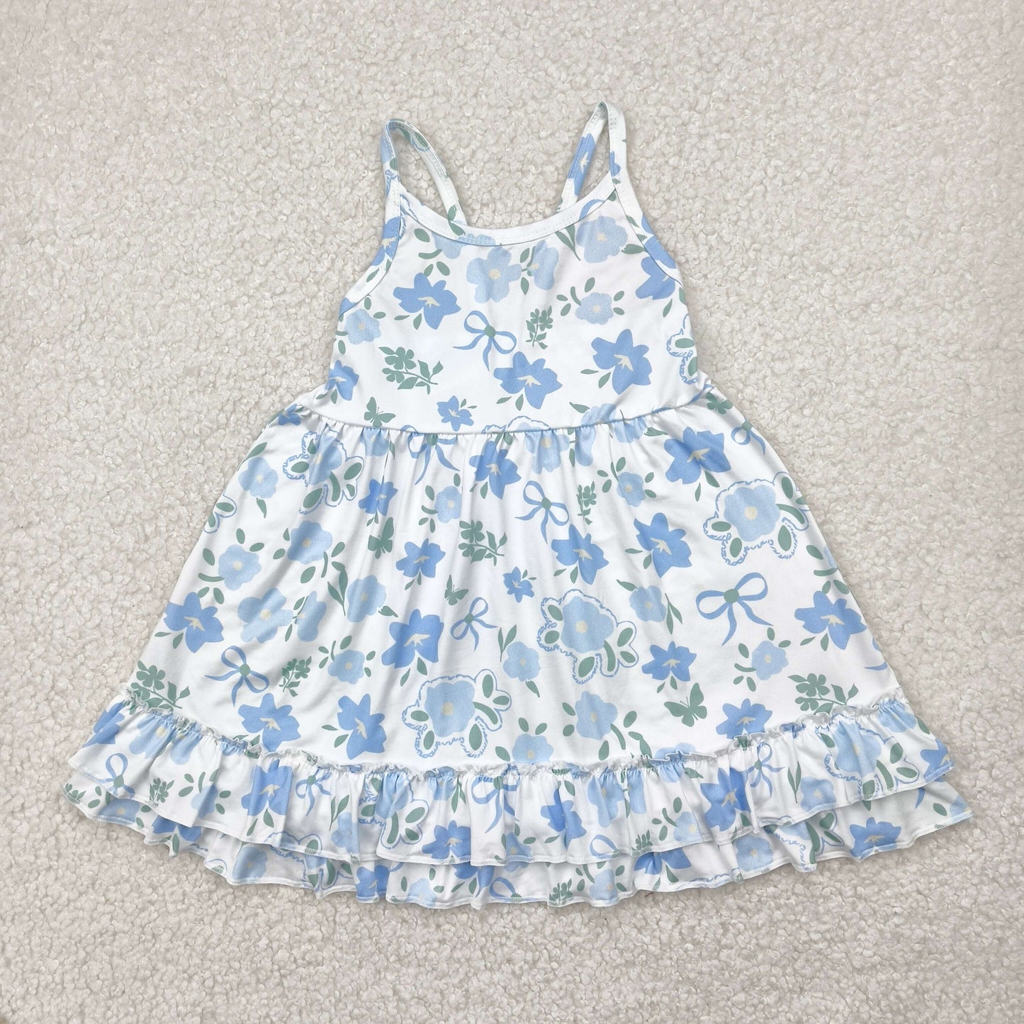 Sibling Baby Girls Strap Flowers Plaid Ruffle Knee Length Dresses