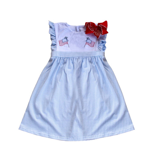 Baby Girls Blue Flags 4th Of July Knee Length Dresses Preorder