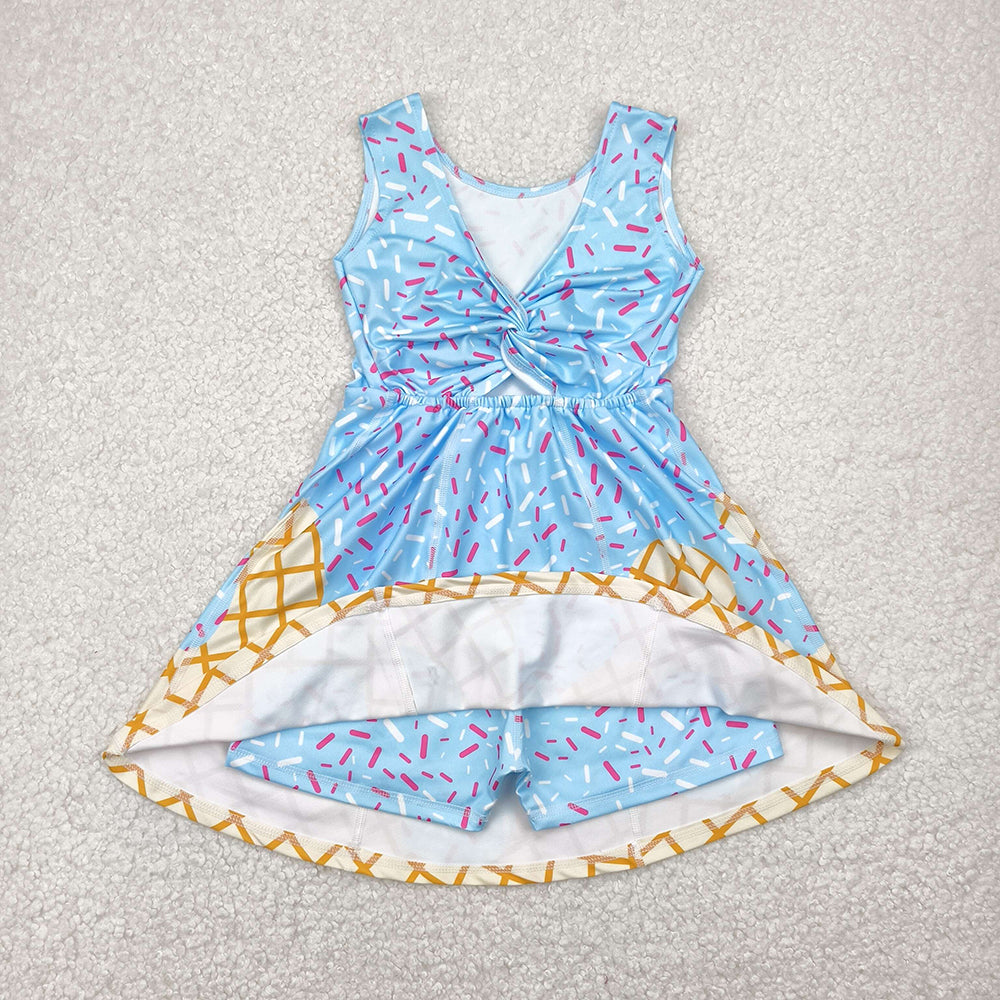 Baby Girls Blue Ice-cream Drip Yoga Skort Knee Length Dresses