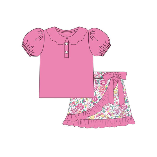 Baby Girls Pink Short Sleeves Button Tunic Floral Ruffle Short Set Preorder
