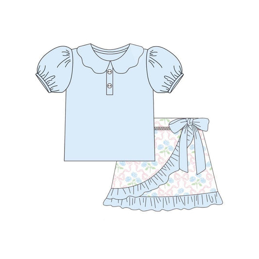 Preorder moq 5 Baby Girls Light Blue Button Top Floral Ruffle Shorts Set