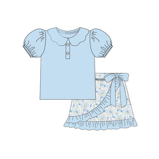 Baby Girls Blue Short Sleeves Button Tunic Floral Ruffle Short Set Preorder