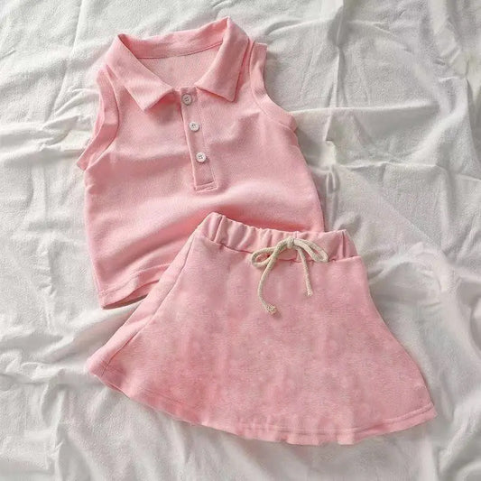 Baby Girls Pink Sleeveless Button Top Skort Yoga Set Preorder