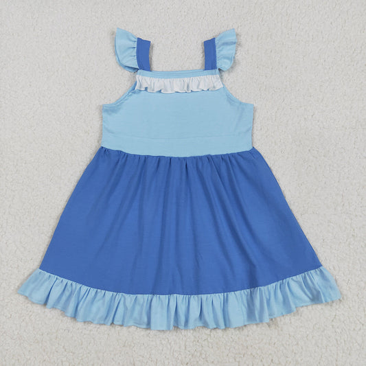 Baby Girls Blue Flutter Sleeves Patchwork Knee Length Dresses