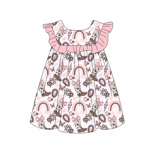 Baby Girls Pink Sleeveless Boots Rainbows Knee Length Dresses Preorder