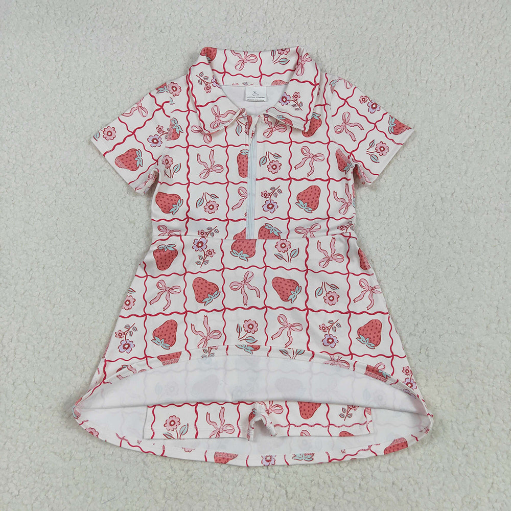 Baby Girls Short Sleeves Bows Strawberry Zipper Yoga Knee Length Dresses