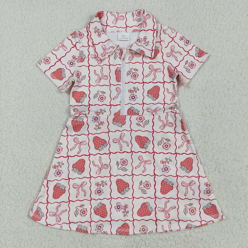Baby Girls Short Sleeves Bows Strawberry Zipper Yoga Knee Length Dresses