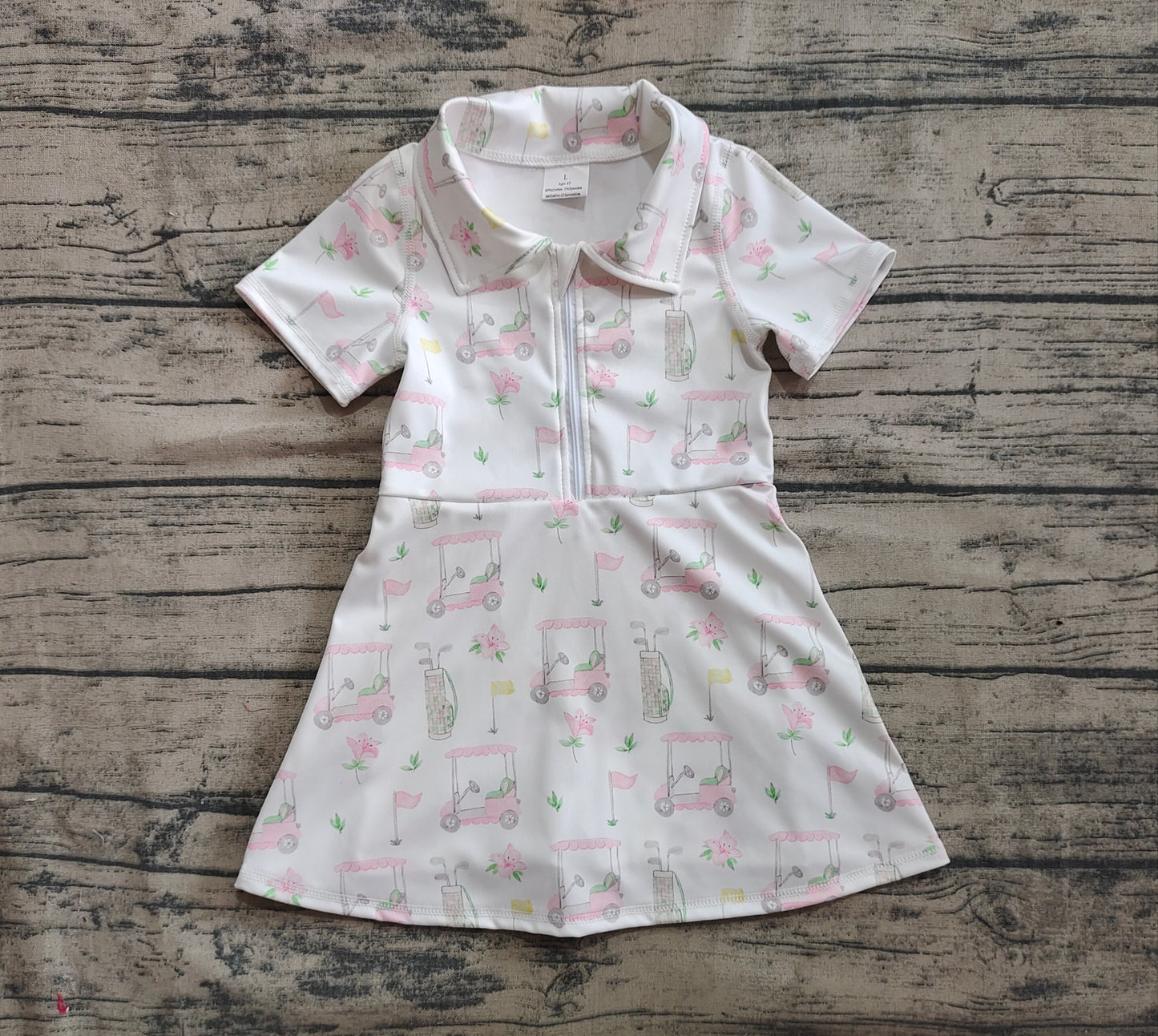 Baby Girls Short Sleeves Pink Flowers Golf Zipper Knee Length Dresses