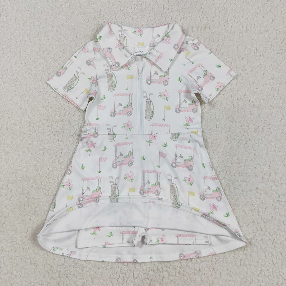 Baby Girls Short Sleeves Pink Flowers Golf Zipper Knee Length Dresses