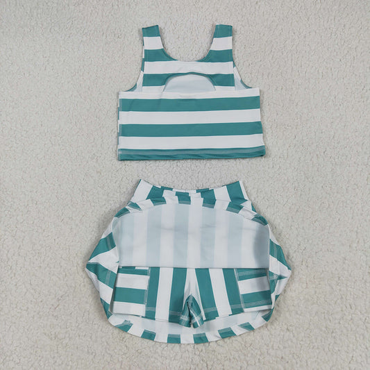 Baby Girls Sleeveless Green Stripe Top Skort Yoga Sets