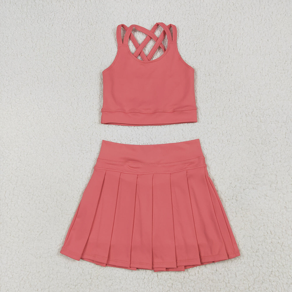 2 Colors Baby Girls Pink Strap Vest Top Pleated Skort Yoga Sets