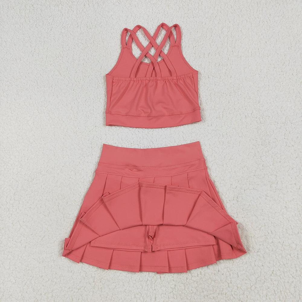 2 Colors Baby Girls Pink Strap Vest Top Pleated Skort Yoga Sets